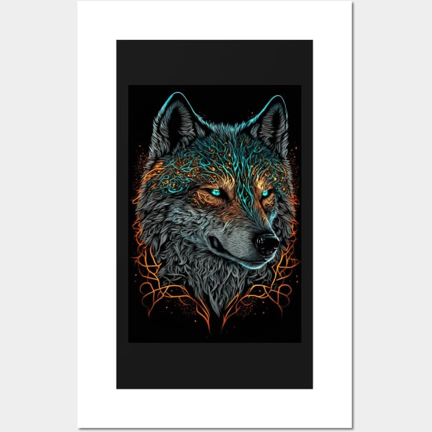 Mean Wolf portrait with teal and orange glow Wall Art by KoolArtDistrict